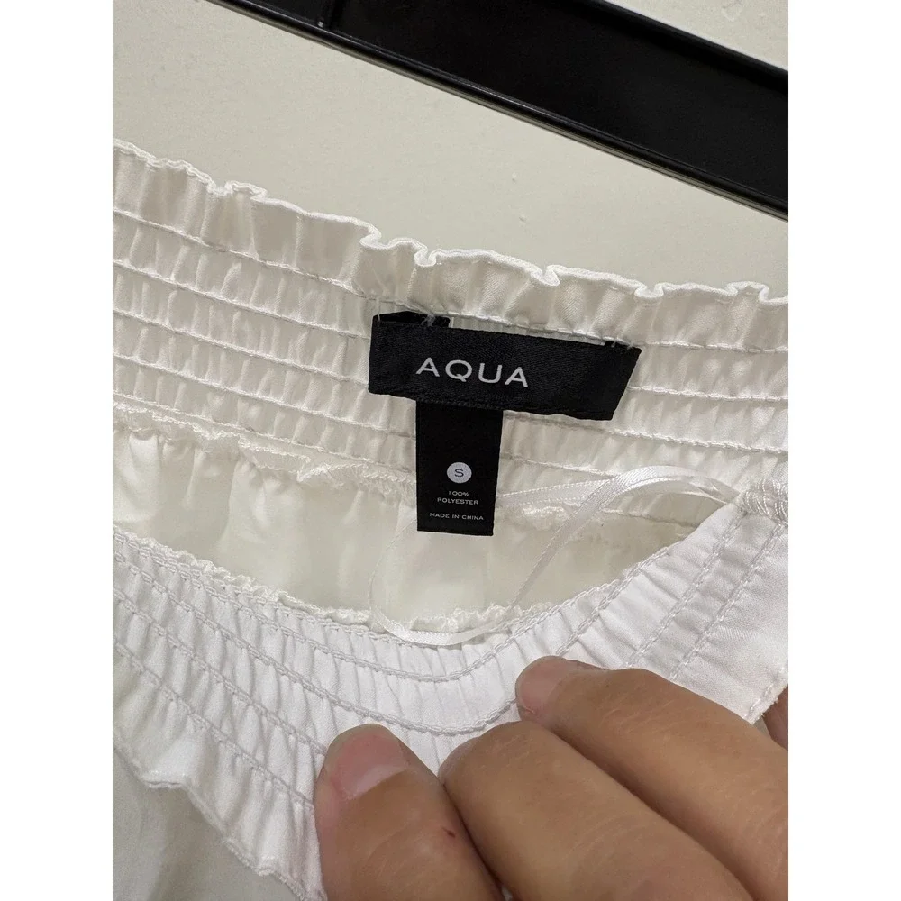 Aqua‎ White Floral Jacquard Smocked Mini Skirt Tiered Ruffle Hem Small